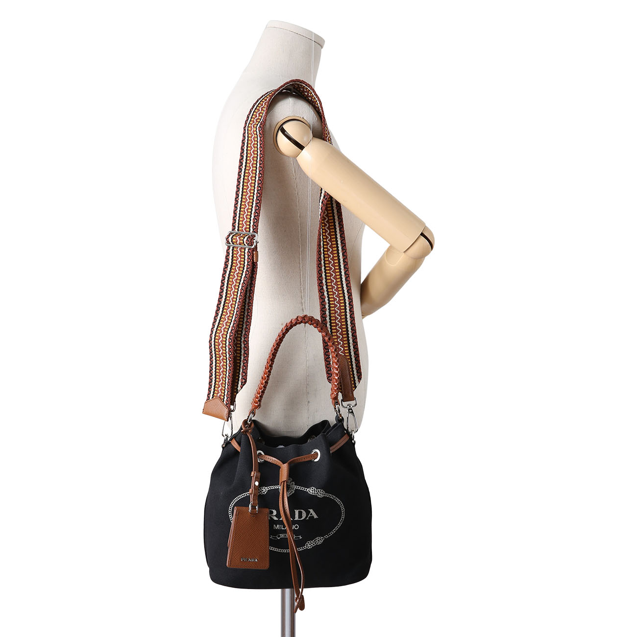 PRADA(USED)프라다 1BE032 로고 패브릭 버킷백